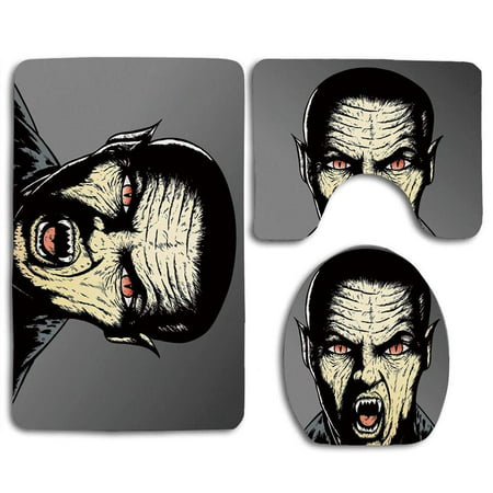 PUDMAD Vampire Angry Scary Male Vampire Bloodthirsty Hungry Demon Ears Zombie Fangs Biting 3 Piece Bathroom Rugs Set Bath Rug Contour Mat and Toilet Lid Cover