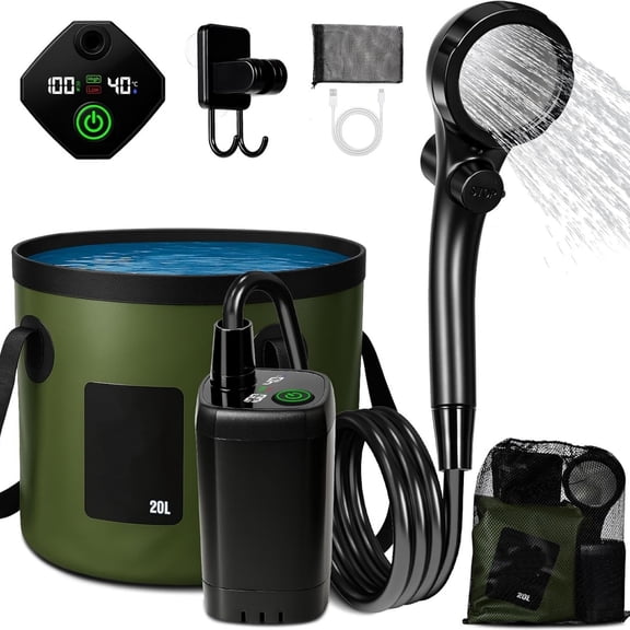 "Portable Shower for Camping, 6000mAh Rechargeable Camp Shower Pump with Large Capacity Foldable Bucket, Filtered Shower Head, Outdoor Camp Shower Pump for Hiking, RV, Traveling, Car Washing, Pet Bat