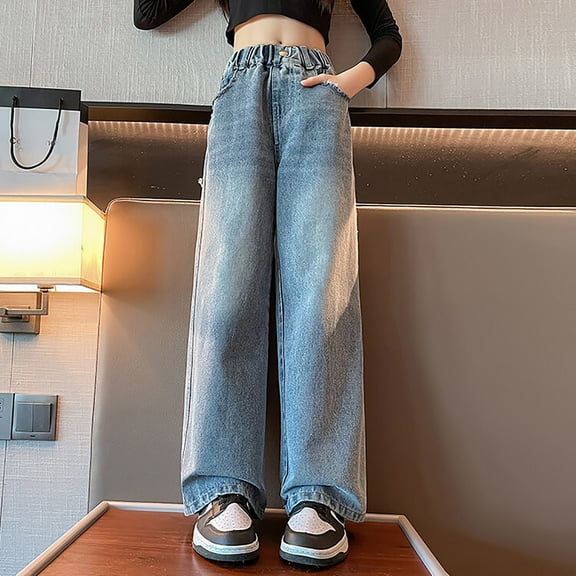 Girl's Vintage Wide Leg Baggy Jeans Loose Denim Pants with Pockets Teen Clothes