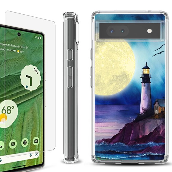 Shockproof Bumper Phone Case for Google Pixel 6a, with Tempered Glass Screen Protector, by OneToughShield ® - Lighthouse Moon