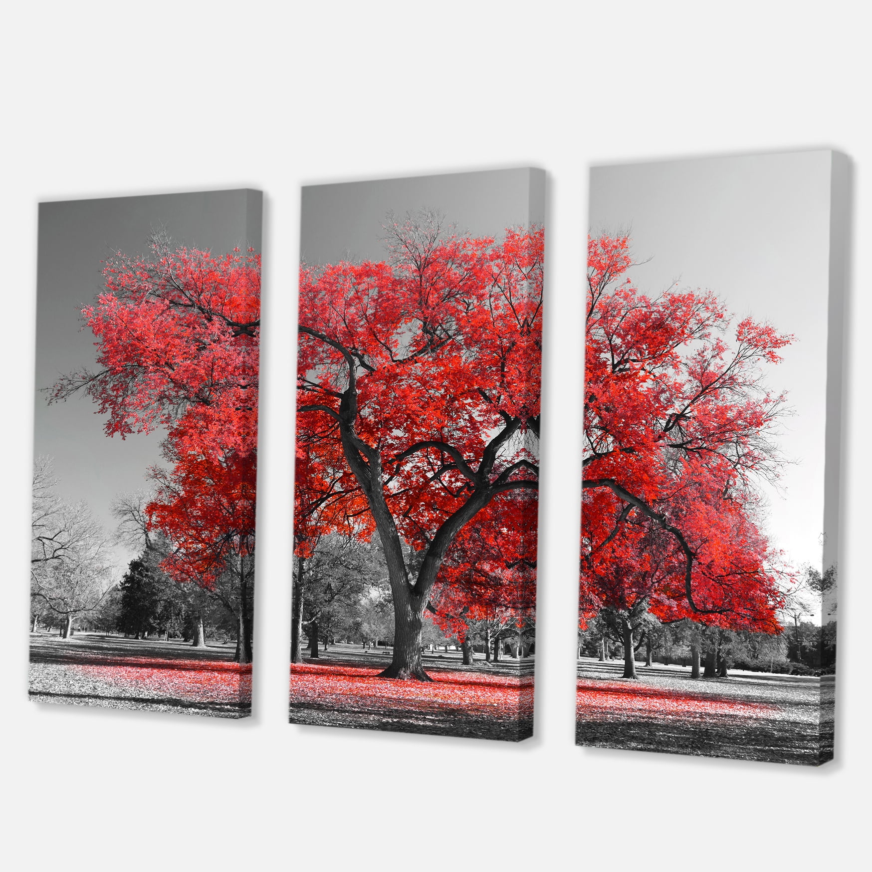 Designart 'Big Red Tree on Foggy Day ' Landscape Canvas Art Print