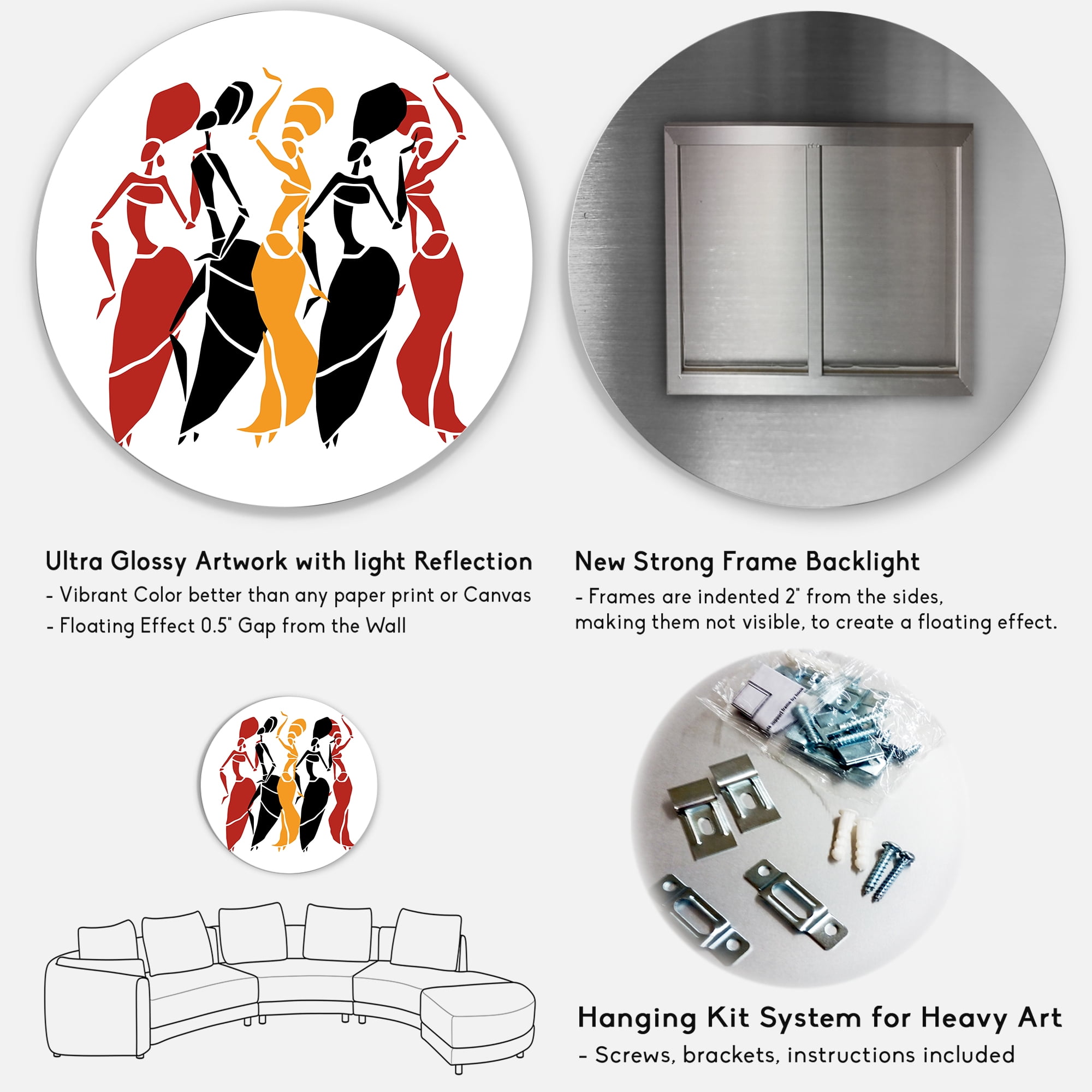 Designart 'Beautiful Red Black and Yellow Dancers Afro American Silhouettes' Modern Circle Metal Wall Art 29x29 - Disc of 29