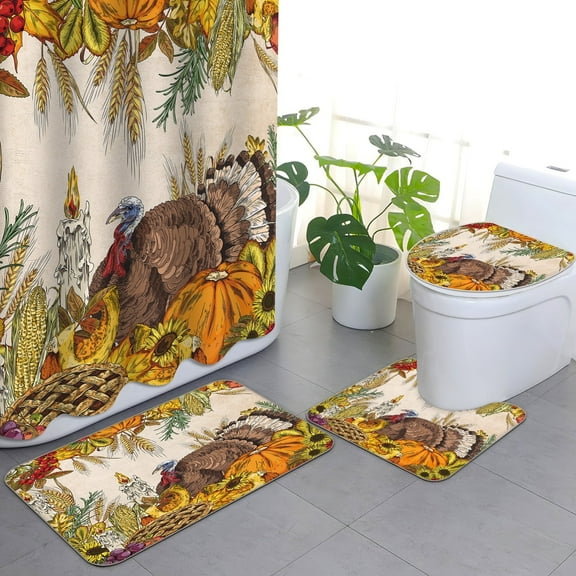 Fall Bathroom Sets With Shower Curtain And Rugs, Thanksgiving Turkey Shower Curtain Sets With 12 Hooks, Waterproof Fabric Sunflower Autumn Festival Decorations Accessories
