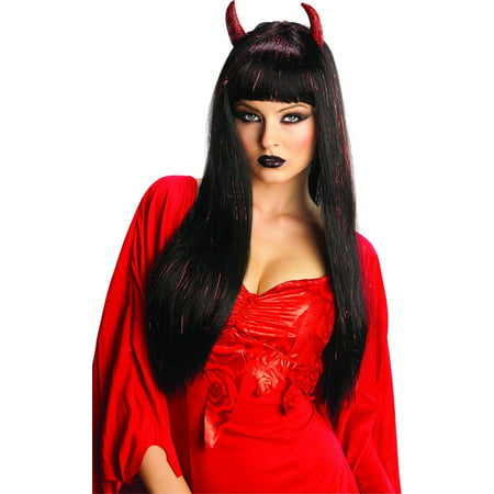 Glam Horned Devil Costume Wig Black & Red Highlights Adult