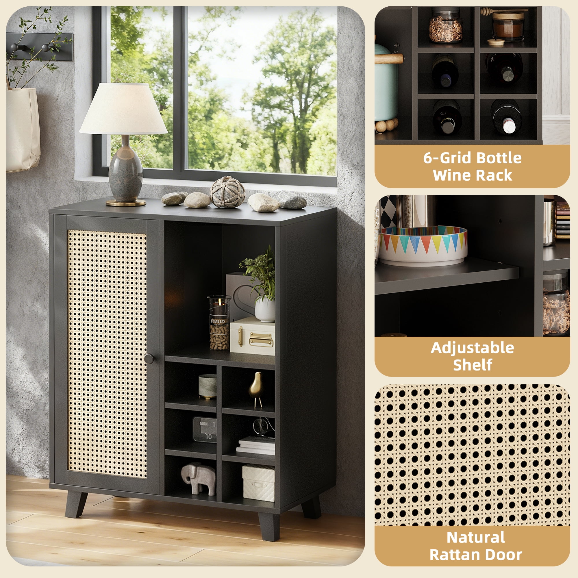 MAYEERTY Rattan Sideboard Cabinet with Wine Racks, Versatile Storage for Kitchen & Entryway, Black