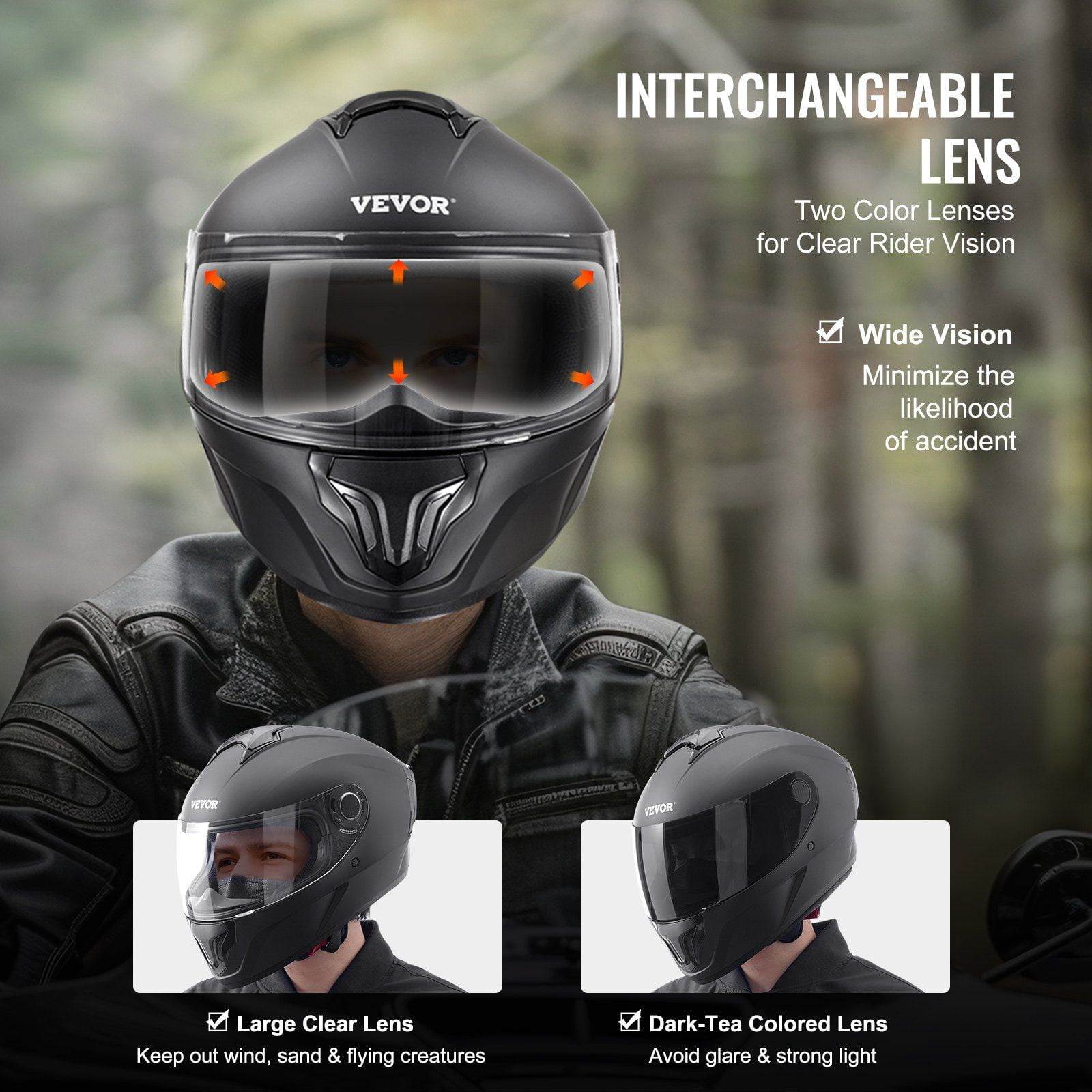 Motorcycle Helmet Full Face Adult Motocross Dirt Bike Helmet with Tinted Clear Dual Visor Detachable Liner DOT Approved Matte Black M
