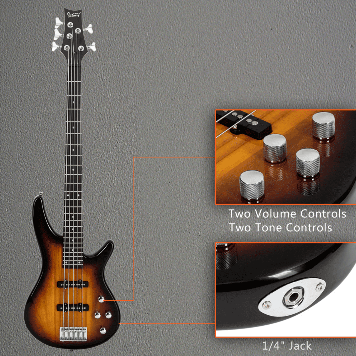 Hassch Electric Bass Guitar Full Size, 5 Strings Bass with Bag, Strap, Pick, Connector and Wrench Tool for Beginners, Sunset Color