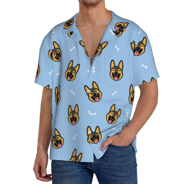 Fotbe German Shepherd Puppy Camisa Estampada de Manga Corta para Hombre, Casual de Verano, Estilo Playero, Sin Arrugas-Small