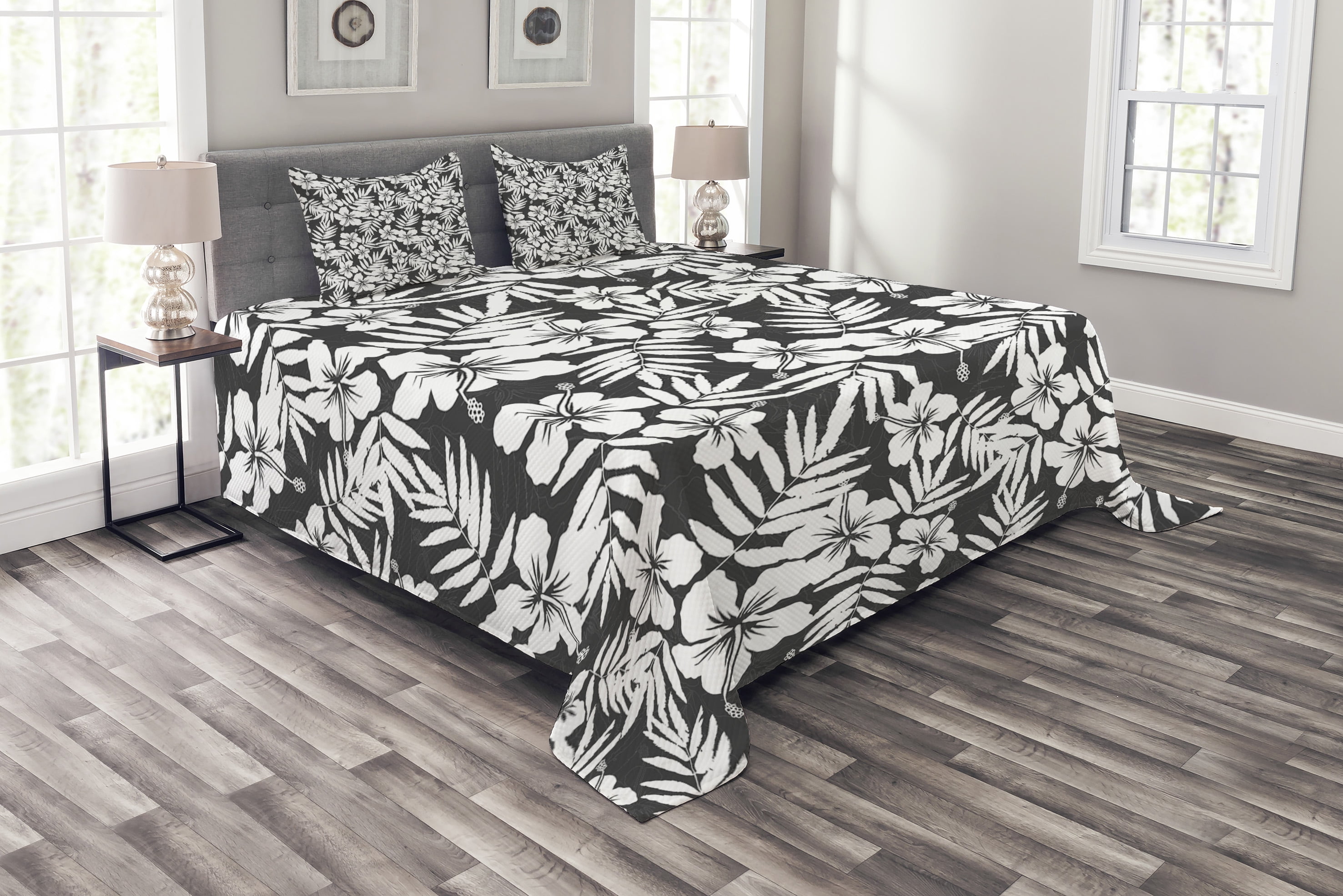 Ambesonne Tropical Quilted Bedspread Set 3 Pcs, Exotic Hibiscus Flower