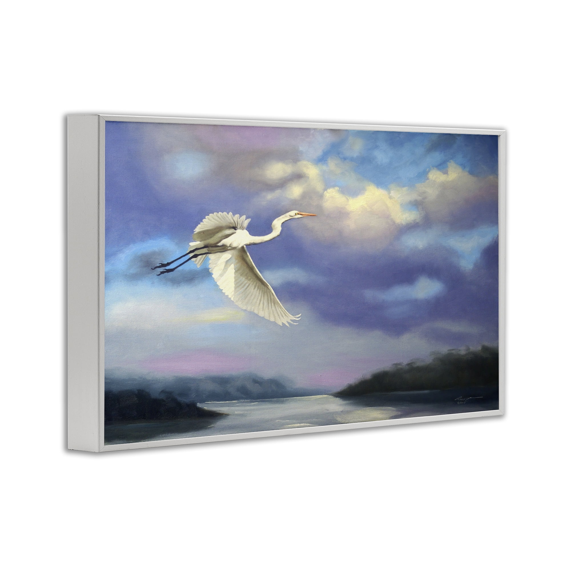 Stupell Industries Egret Over Clouds Landscape Painting White Framed Art Print Wall Art, 24 x 16
