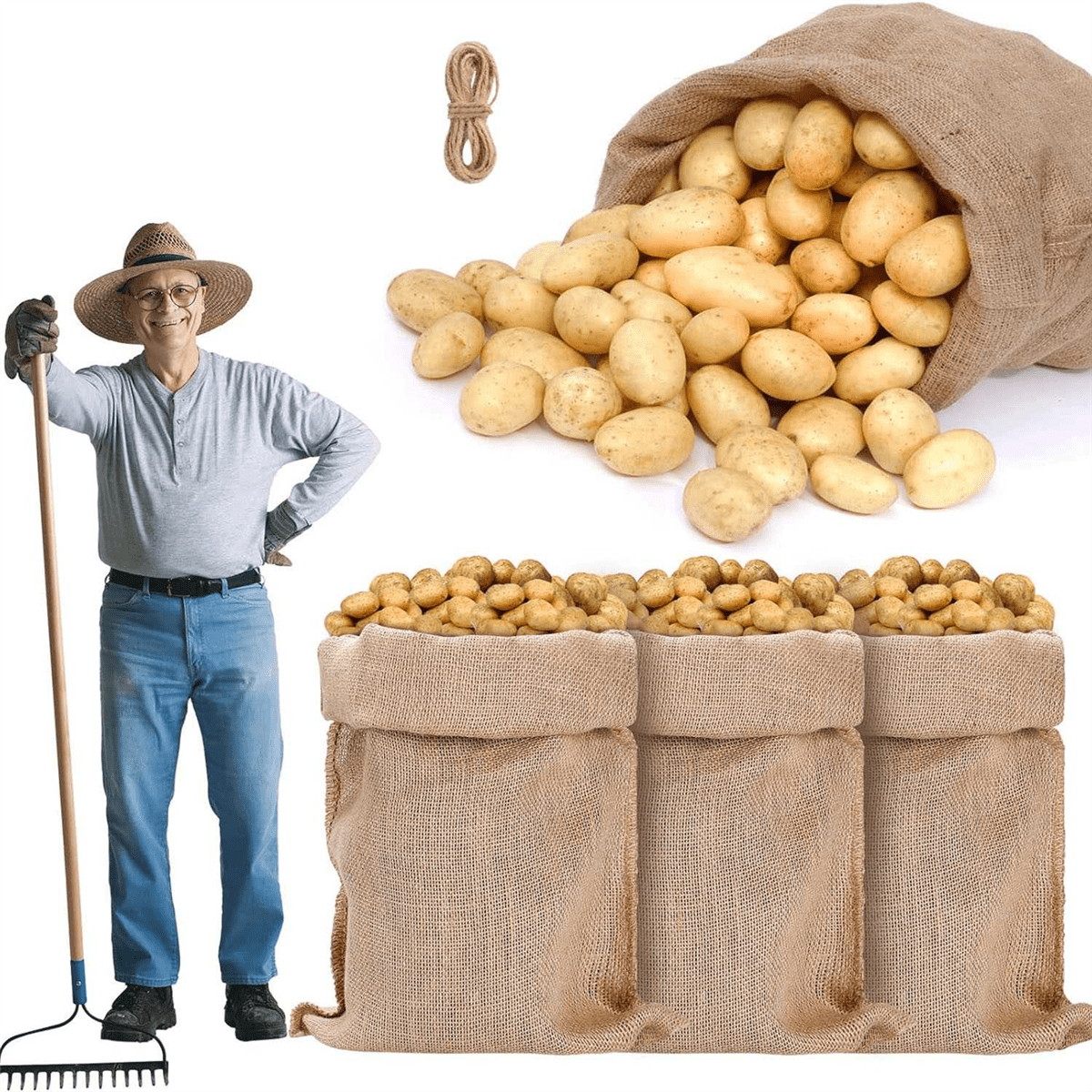4Pcs Heavy-Duty Burlap Bags,40x24Inch Thicken Potato Storage Sacks with 32.8Ft Ropes, Reusable Potato Bags