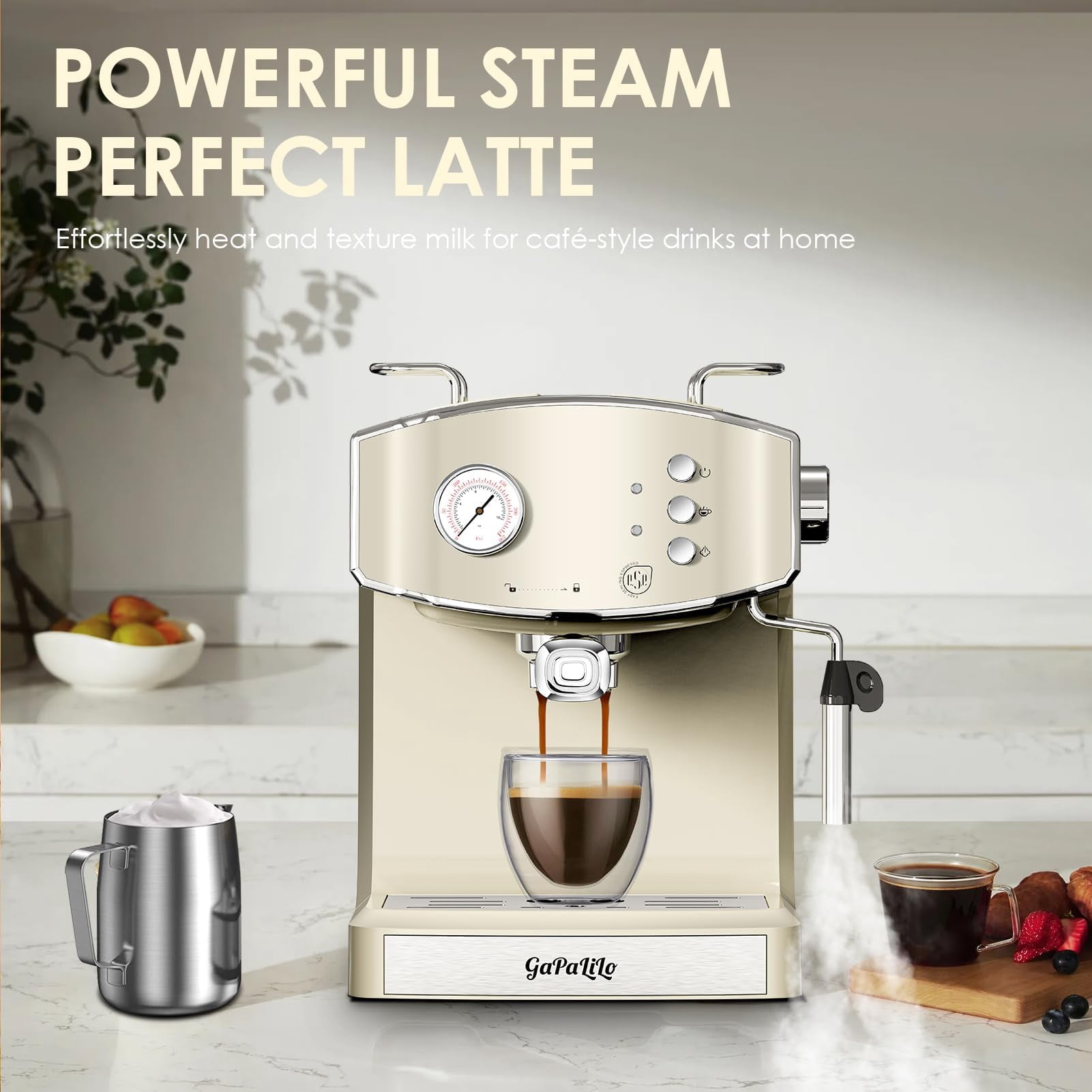 20 Bar Espresso Machine with Milk Frother, ESE Pod Compatible, Pressure Gauge, 54 oz Food-Grade PP Removable Water Tank, Ideal for Home Barista,Griege
