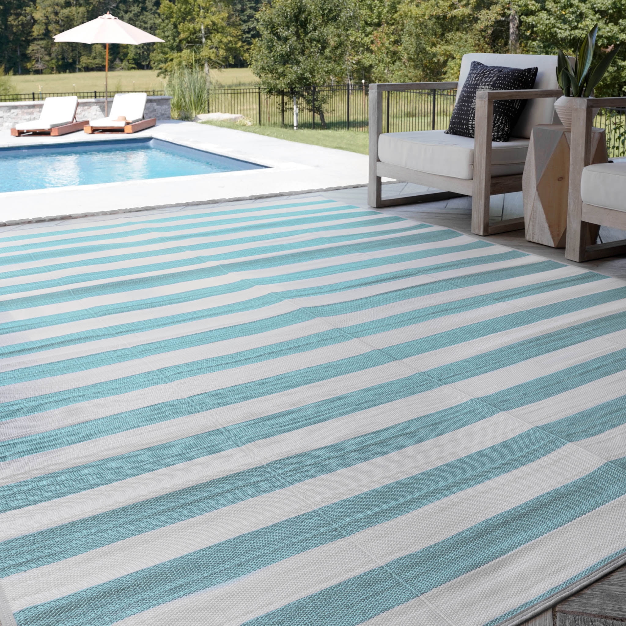 Luna Contemporary Stripe Aqua and White Polypropylene Reversible Plastic Straw Outdoor Area Rug, 5' x 6'11'' Rectangle