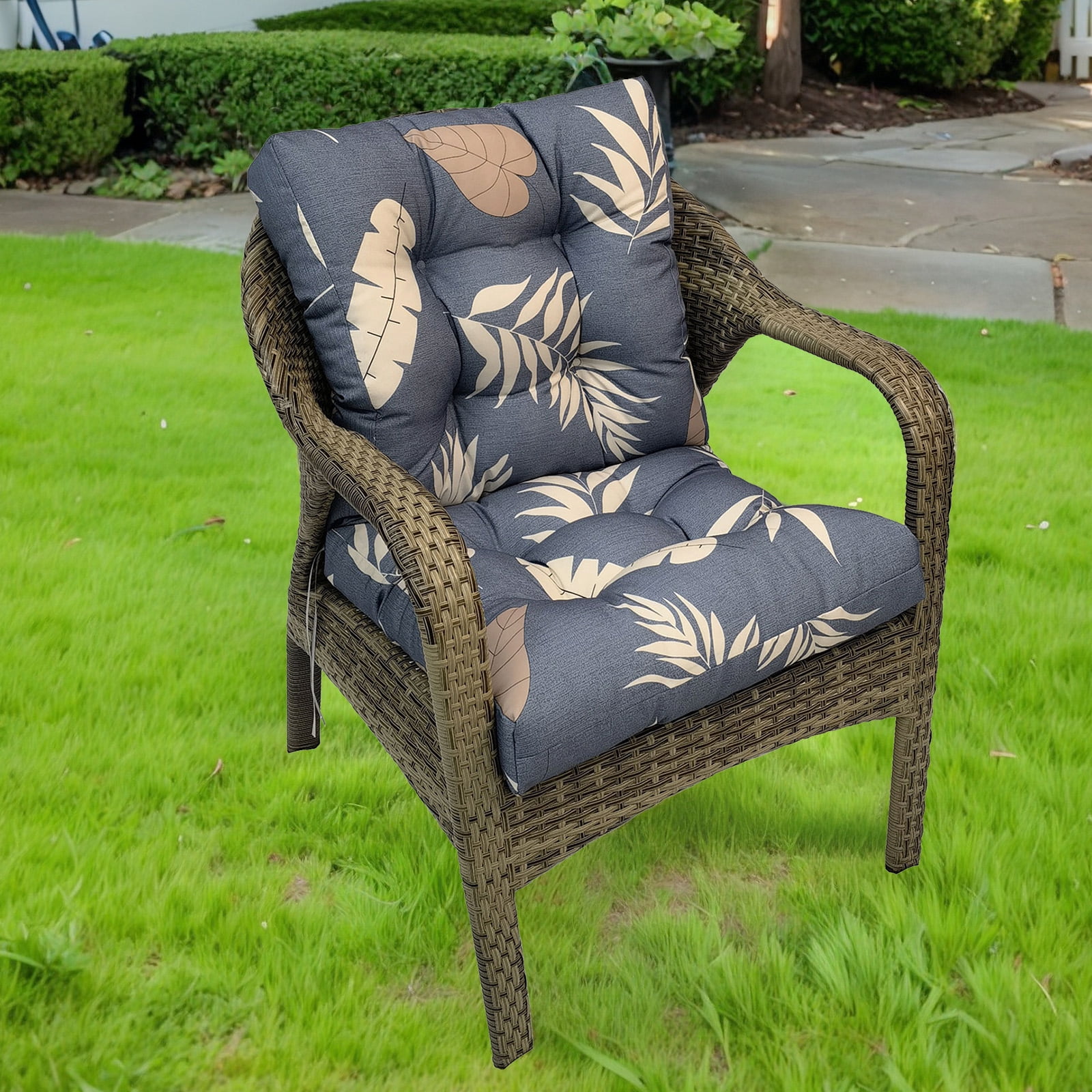 SHANNA Outdoor Chair Cushions, 2 Pack Tufted Thicken Waterproof Patio Chair Pad Wicker Chair Seat Cushion with Non-Slip Ties for Outdoor Furniture, Gray Leaves