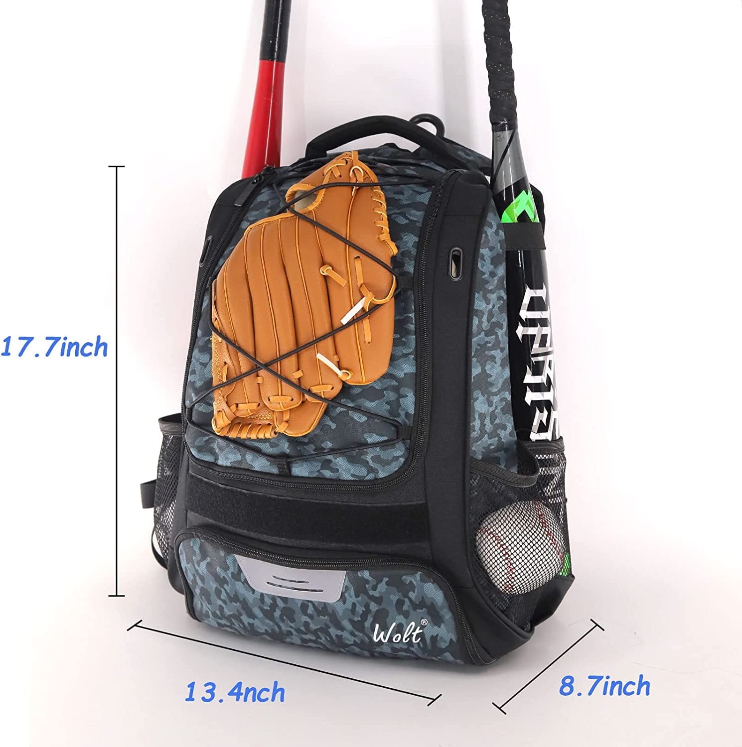 WOLT | Youth Baseball Bag--29L Backpack for Yout Boys Equipment Fence Hook Oxford Fabric New Camogrey