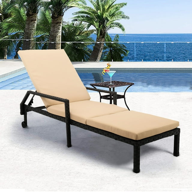 Outdoor Patio Furniture Set Chaise Lounge, Patio Reclining Rattan Lounge Chair Chaise Couch Cushioned with Adjustable Back, 2 Wheels, Outdoor Lounger Chair for Poolside Garden Beach, 1PC, Q17030