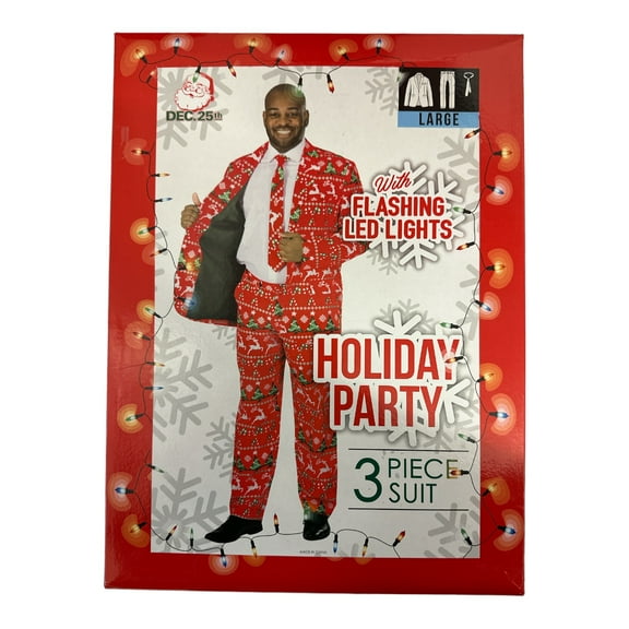 Dec 25th Men's Holiday Life Of The Party 3-Piece LED Light Up Suit Set (Cane/Deer/Tree, L)