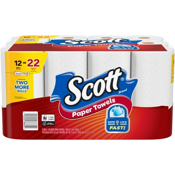 Scott Choose-a-Sheet Paper Towels, 12 Mega Rolls, 102 Sheets per Roll (1,224 Total)