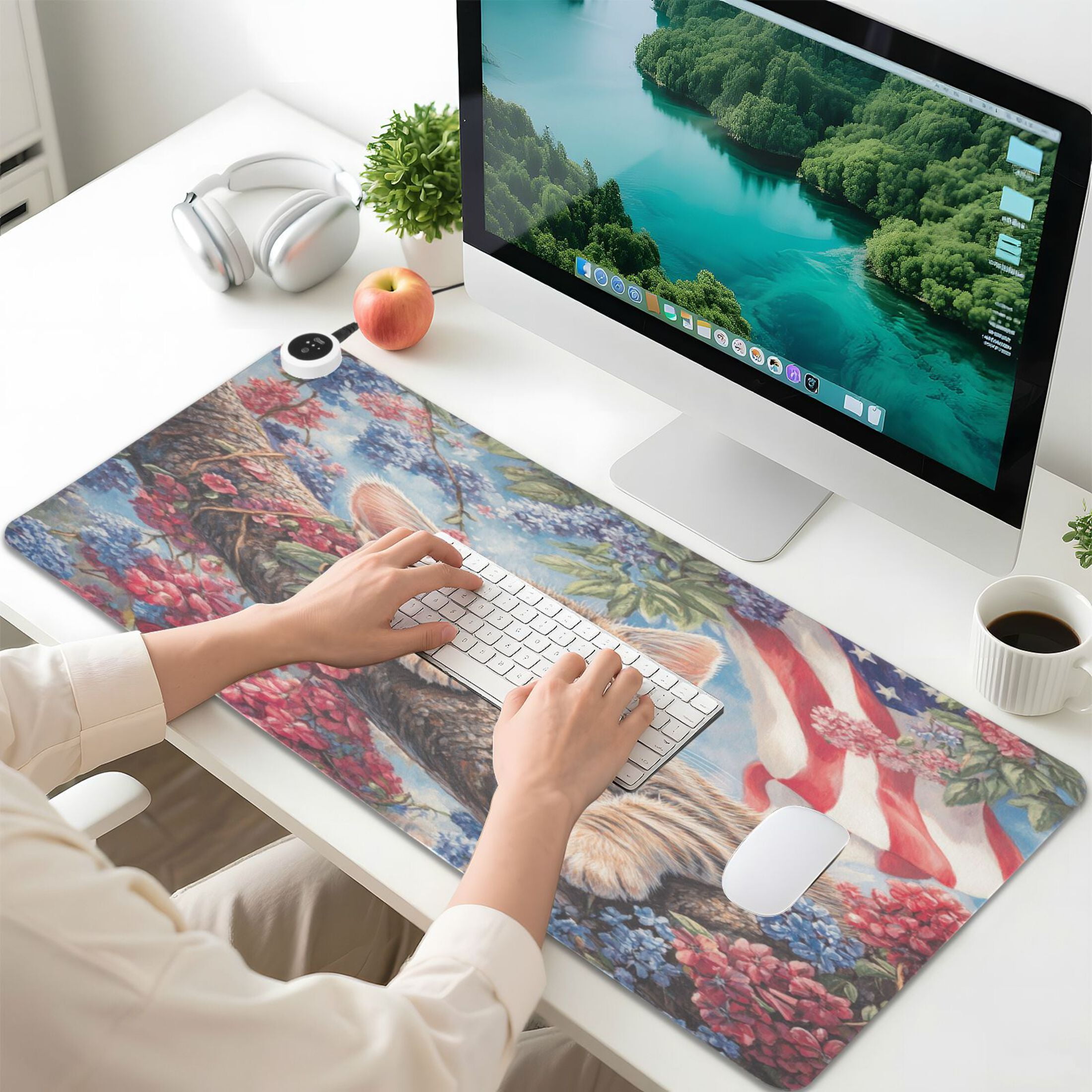 Wobogo 4th Of July Cat Heated Mouse Pad Extra-Large Desk Mat With 3 Heating Levels and 3-hour Auto Shut-Off Protection Ideal for Computer Keyboards Home Office Hand-warming Essential 31.5in × 13in