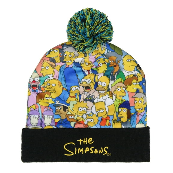 The Simpsons Character Collage Embroidered Logo Fold Cuff Pom Top Adult Knit Beanie
