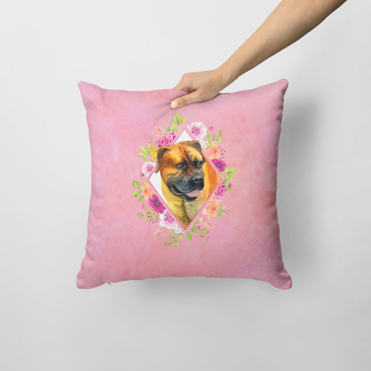 Carolines Treasures CK4121PW1414 Borboel Mastiff Pink Flowers Fabric Decorative Pillow 14Hx14W multicolor