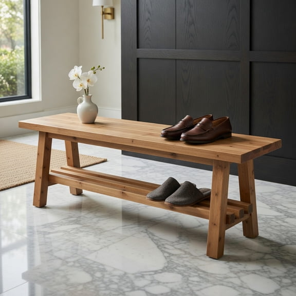 Demi Bonn 55" Rustic Solid Wood Entryway Bench with 2-Tier Ventilated Shoe Storage, Farmhouse Hallway Bench for Shoes & Seating, Brown