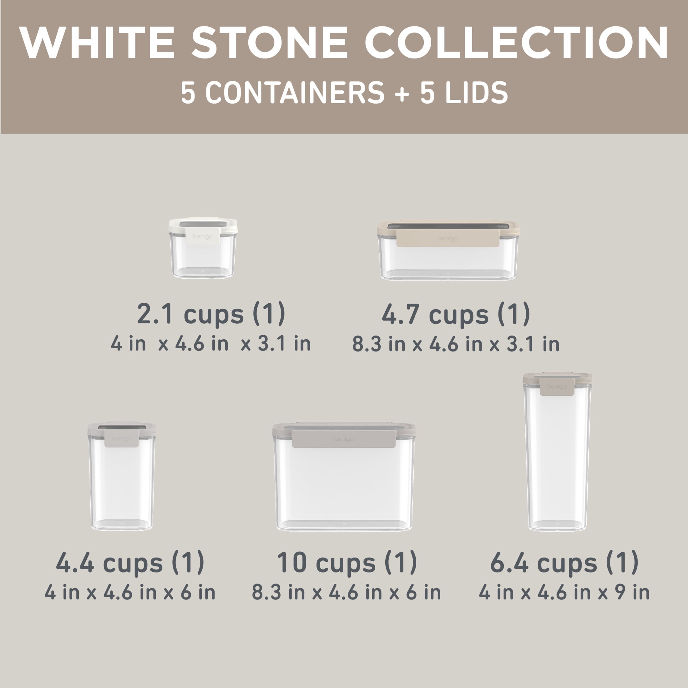Bentgo Pantry - 10-Piece Airtight Food Storage Containers, Clear, Stackable Kitchen & Pantry Organization, Locking Lids for Freshness, BPA-Free Plastic - Ideal for Sugar, Flour, & More (White Stone)