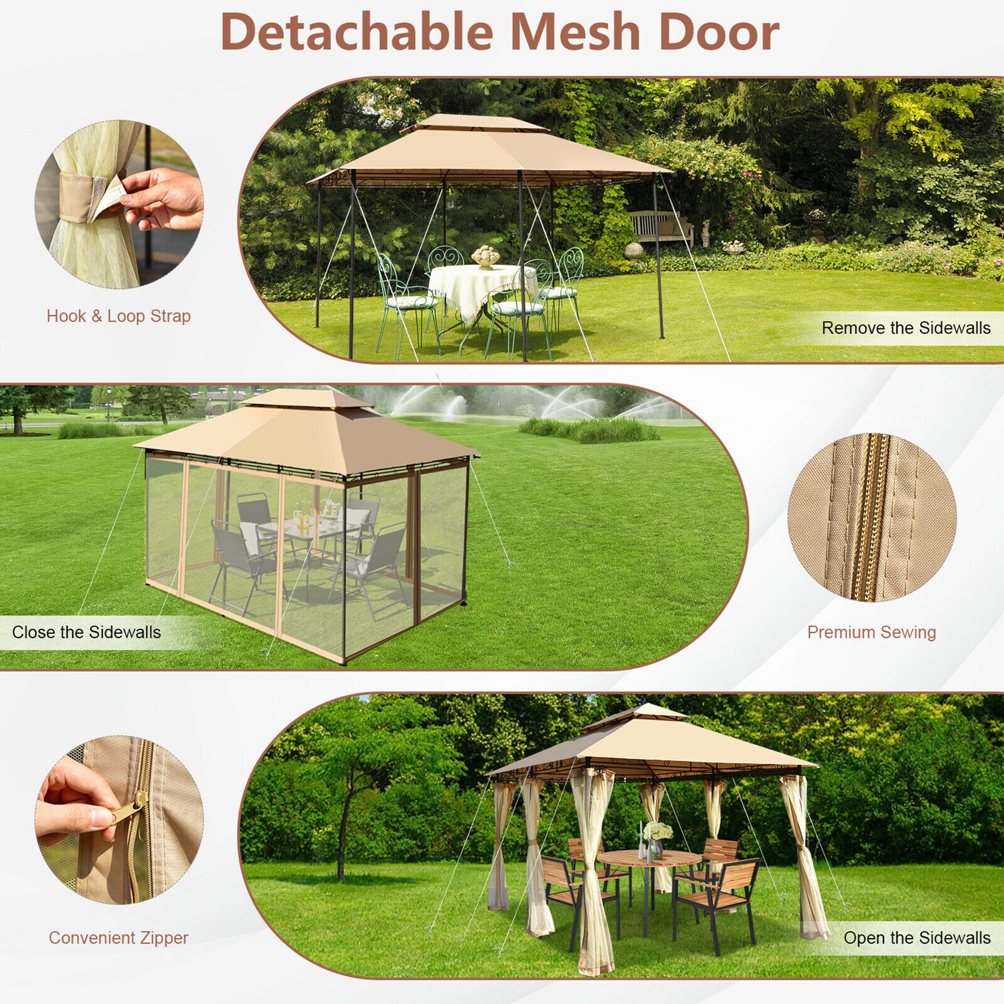 Gymax 2-Tier 10'x13' Steel Gazebo Canopy Tent Shelter Patio Garden Outdoor Netting Tan