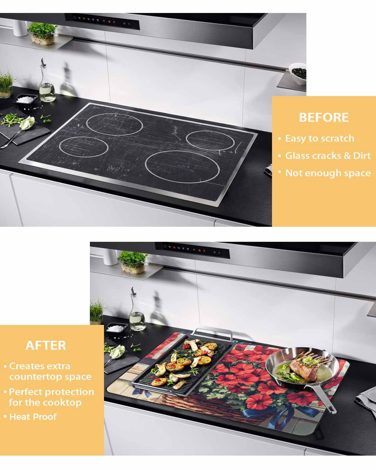 nqOlkjepod Large Induction Cooktop Protector Mat 24"x21", Independence Day Stove Top Covers for Electric Stove, Red Blue American Flag Flower Wood Stove Burner Cover Mats, Glass Top Stove Cover