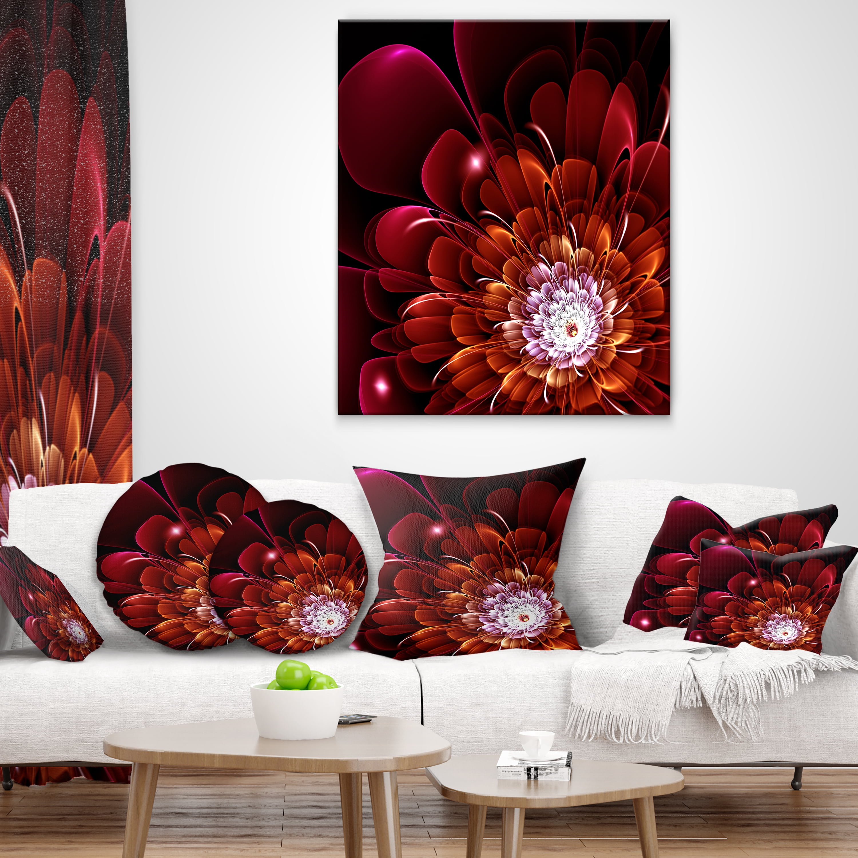 Designart Fractal Red and Yellow Flower - Floral Throw Pillow - 16x16