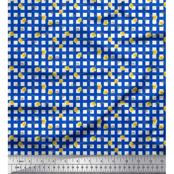 Soimoi Blue Cotton Duck Fabric Leaves & Floral Geometric Print Fabric by the Yard 42 Inch Wide