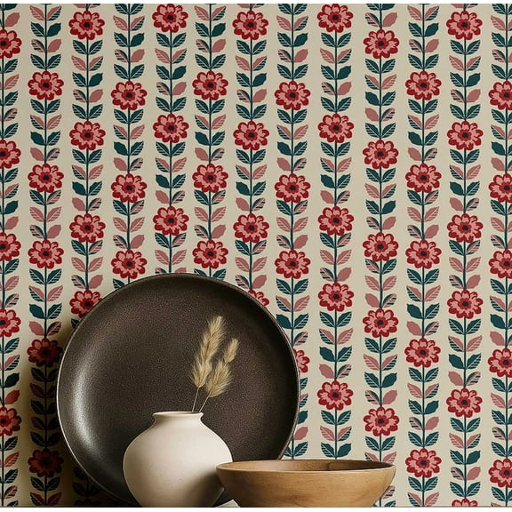 S4Sassy Peel & Stick Vinyl Wallpaper, Stripe Floral Wall Paper Contact Paper Waterproof- Pink, 25"x120", Removable Asian Style Covering for Home Decor in Bedrooms & Living Areas, Renter Space