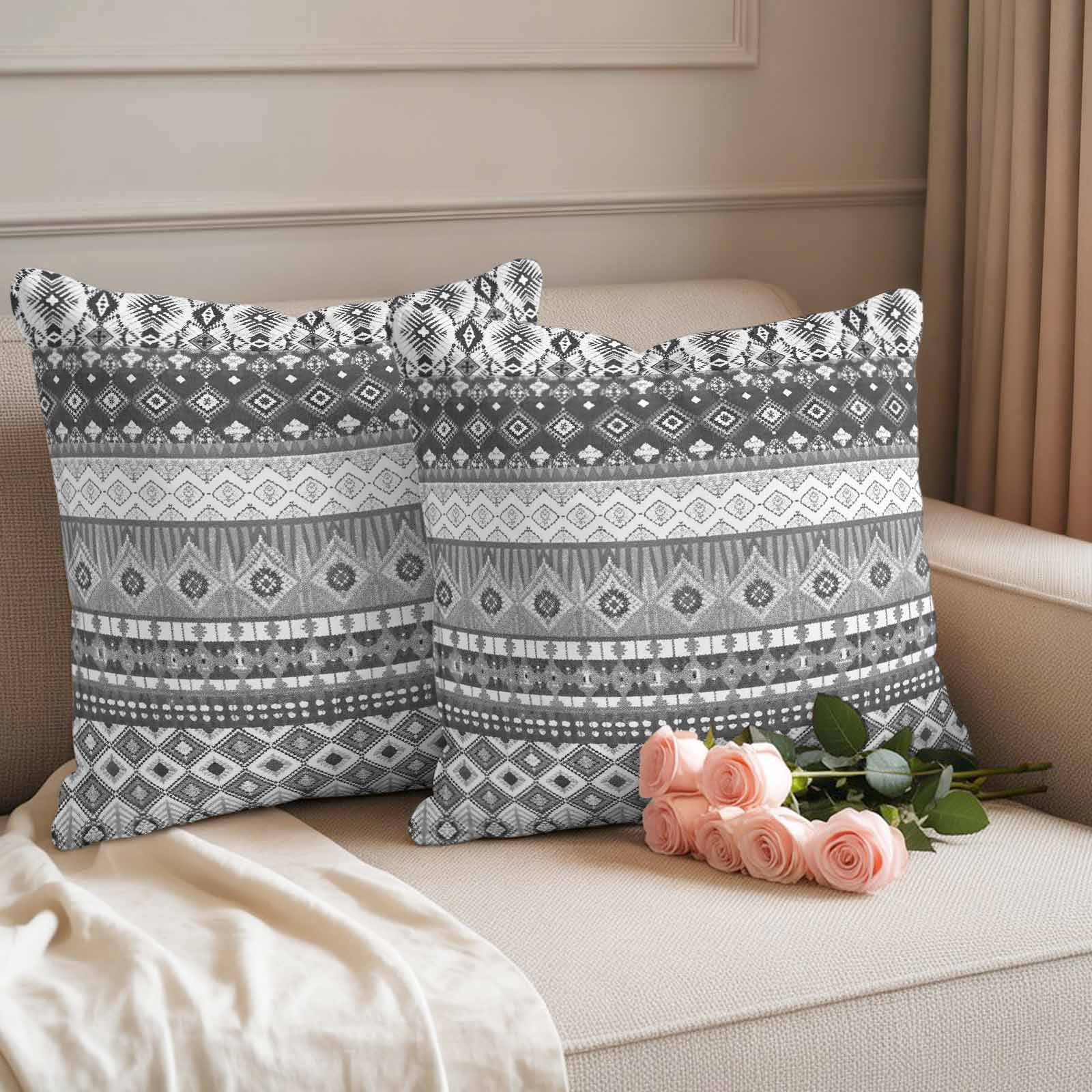 Outdoor Waterproof Throw Pillow Covers Set of 2 Black Bohemian Decorative Pillowcases Square Pillows Cushion Case 18x18 Inch Boho Style Floral Leaves Geometric Patio Pillows for Couch Sofa Bed