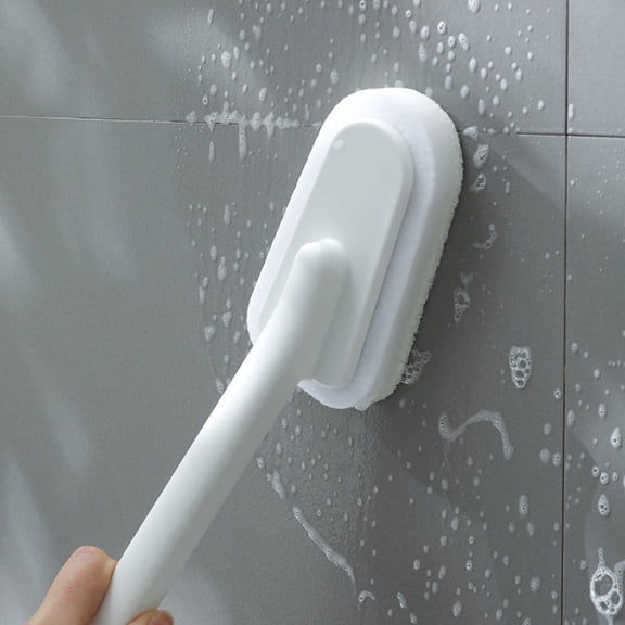 Long Handle Cleaning Brush with Replaceable Sponge Head | 11.8 Inch Bathroom & Kitchen Scrubber for Tiles, Bathtubs & Floors | White Plastic Multi-Surface Scrub Brush