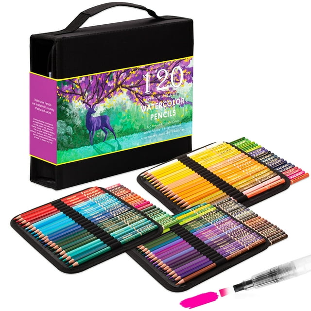 Kalour Juego De Lápices De Acuarela Premium De 120 Colores Con Pincel De Agua Estuche De Nailon Portátil Lápices De Colores Solubles En Agua Numerados Y Resistentes A La Luz Para Colorear Adultos Acua