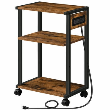 HOOBRO 3-Tier Rolling Printer Cart with Charging Station and Storage Shelf Industrial Rustic Brown BF28UPS01