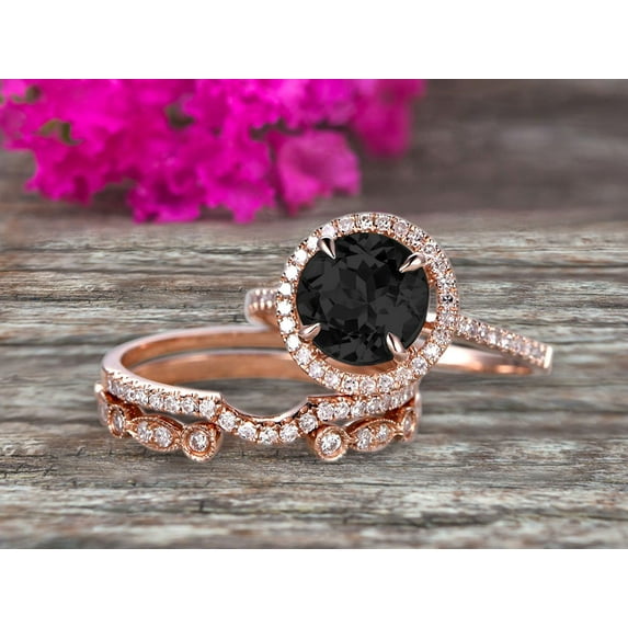 Milgrain Trio Set 2.75 Carat Black Diamond Moissanite 10k Rose Gold Wedding Set Round Cut Antique Art Deco Stacking Matching Band Anniversary gift Glaring