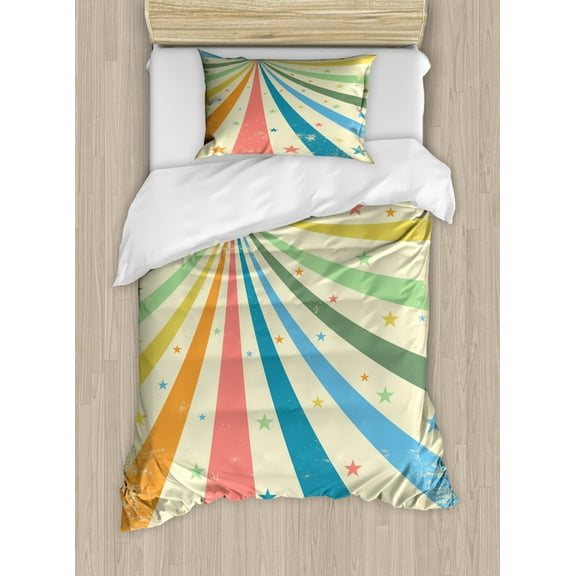 Circus Twin Size Duvet Cover Set, Colorful Carnival Background with Rainbow Spectrum Rays and Stars on Grungy Texture, Decorative 2 Piece Bedding Set with 1 Pillow Sham, Multicolor, by Ambesonne