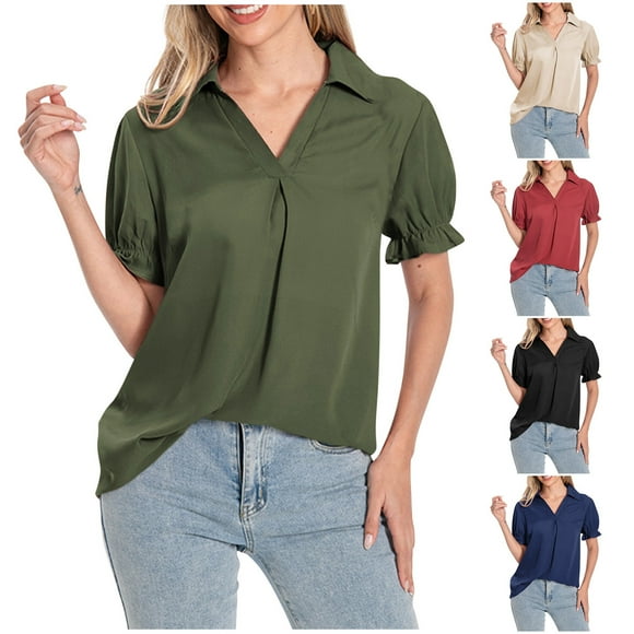 breaise Womens Chiffon Tshirt Casual V Neck Short Sleeve Top Lightweight Tunic Shirt Blouses Summer Regular Fit Solid Tshirt Khaki,S