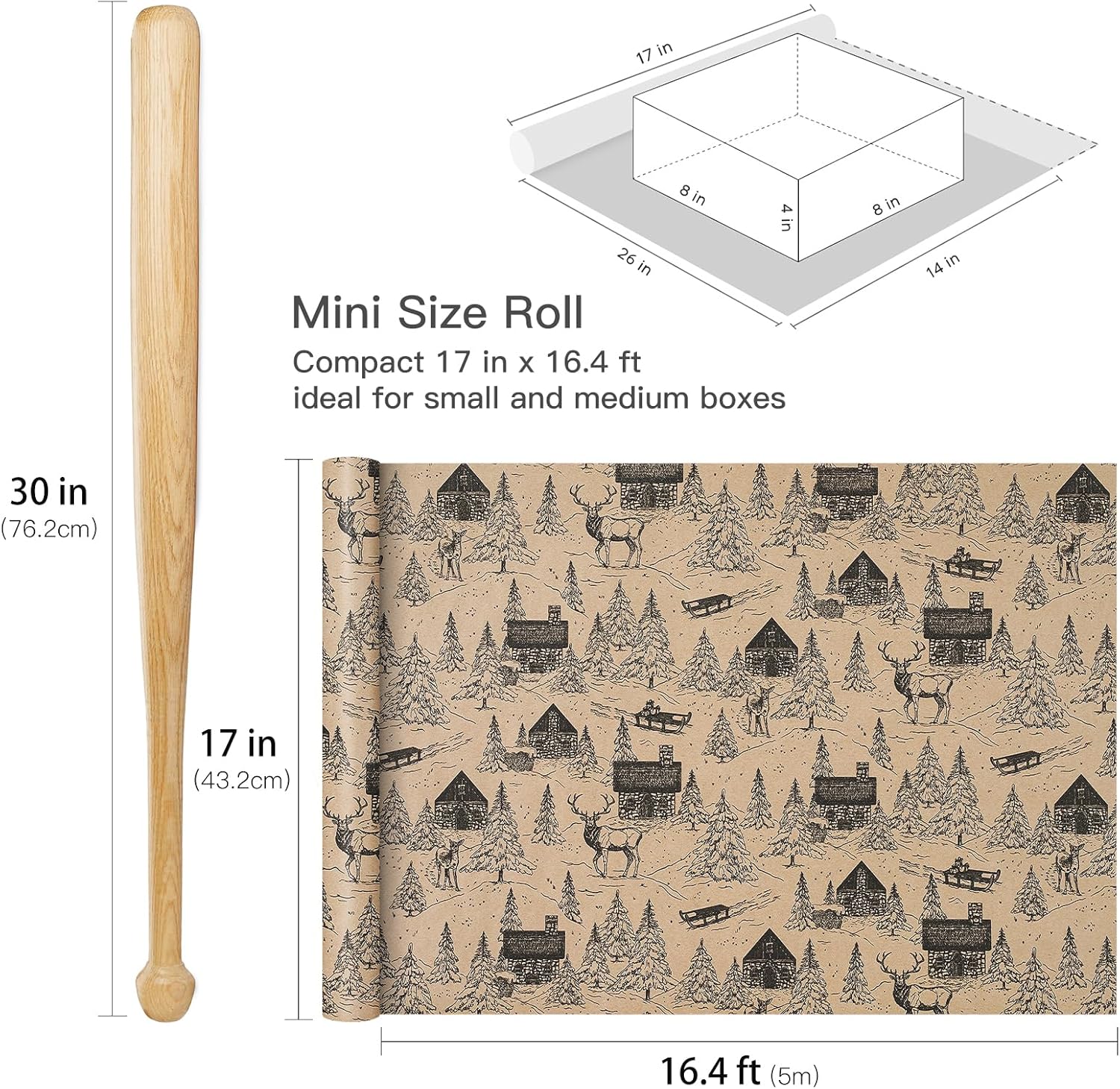 Kraft Christmas Wrapping Paper Roll, Mini Roll, Vintage Black Winter Cabin and Forest Scene Design, Rustic Holiday Gift Wrap for Women, Men, Xmas Gifts, Winter Party, 17 Inches x 16.4 Feet