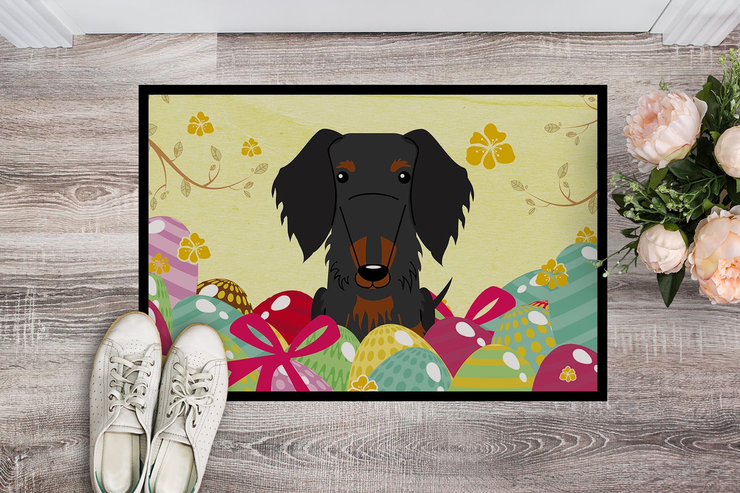 Carolines Treasures BB6127JMAT 24 x 36 in. Easter Eggs Wire Haired Dachshund Black Tan Indoor or Outdoor Mat
