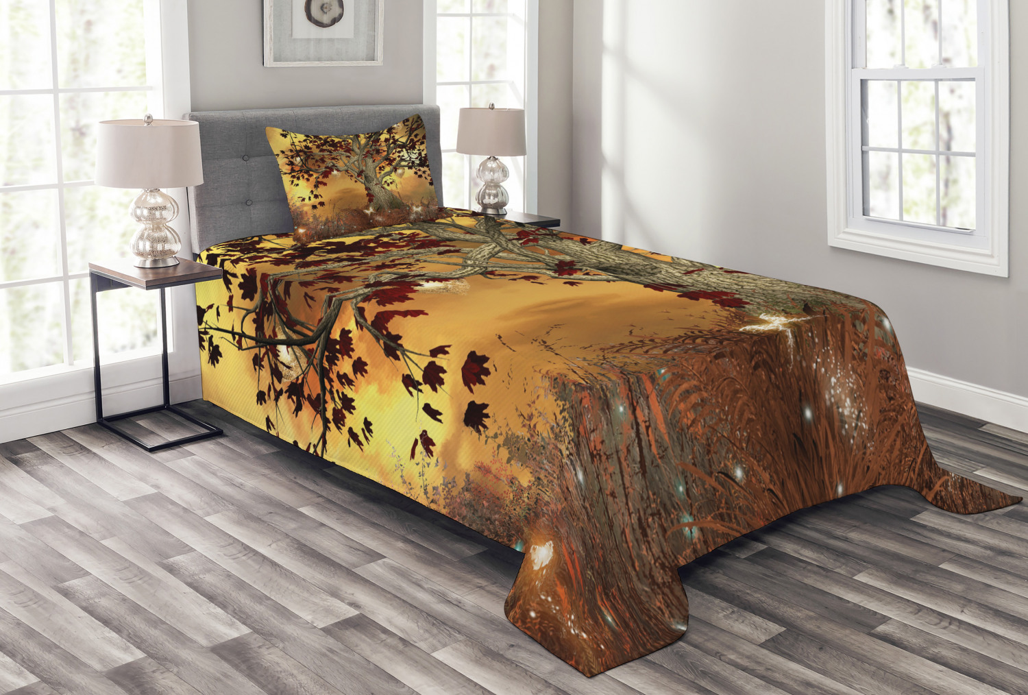 Tree Bedspread Set Twin Size, Lonely Tree Themed Composition with