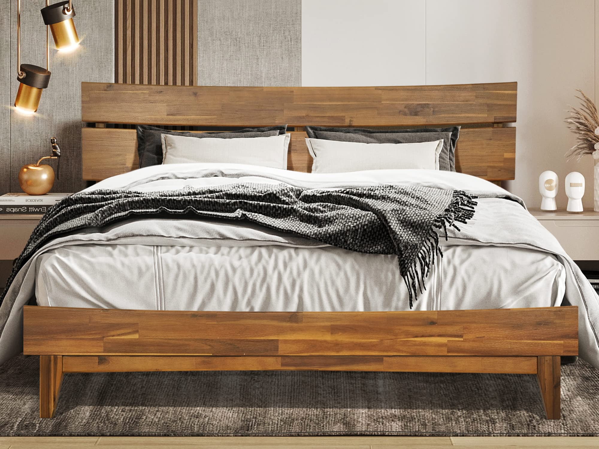 Cadre De Lit King Size En Bois D'acacia Massif - Émeri - Avec Tête De Lit - Design Contemporain - Lit Plateforme En Bois Naturel - Structure Robuste Compatible Tout Matelas - Montage Facile