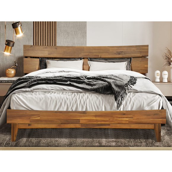 Acacia Aurora Bed Frame with Headboard Solid Wood Platform Bed, Queen Size Bed Frame, Unique Design Contemporary Signature Wood Bed Compatible with All Mattresses, Non-Slip and Noise-Free, Caramel
