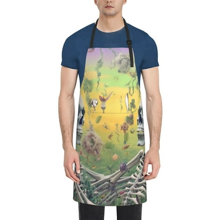 

Qekee Flower Butterfly Skull Couple Print Waterproof Apron with Pockets Adjustable Cooking Aprons Kitchen Bib for Baking Household Cleaning