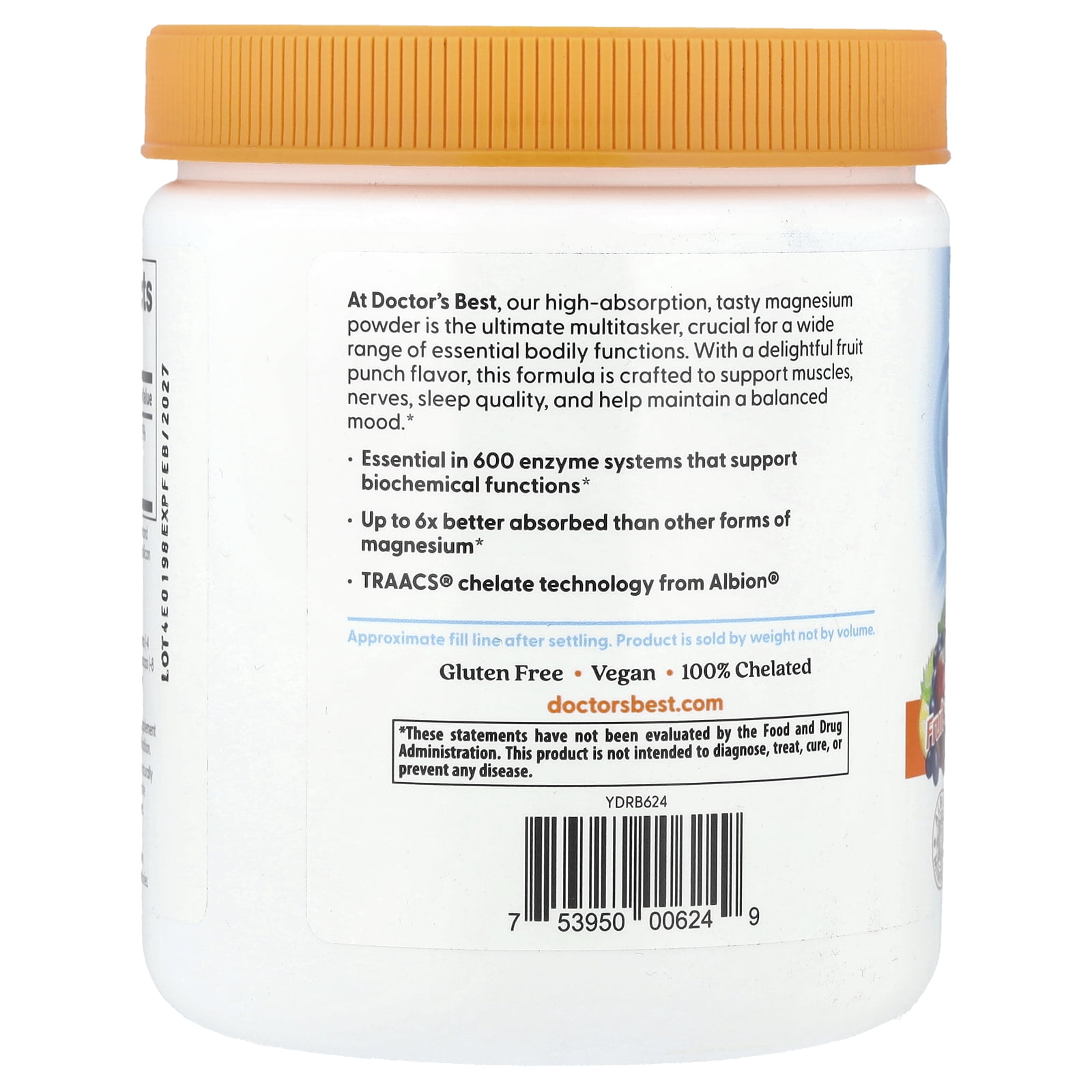 Doctors Best High Absorption Magnesium Powder Lysinate Glycinate - 400 mg - Fruit Punch 12.1 oz (340 Grams) Powder