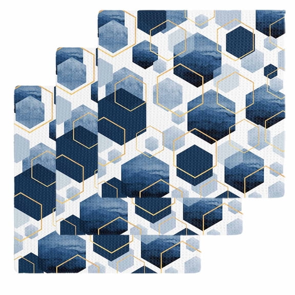 Navy Blue Marble Kitchen Dish Towels for Drying Dishes Set of 3, Gold White Geometric Hexagon Modern Waffle Weave Microfiber Hand Tea Bathroom Towels Quick Dry & Absorbent Towel 12x12