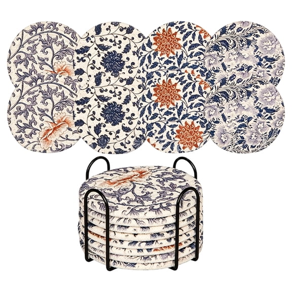 Anmrize Bohemian Floral Fabric Coasters, Assorted Vintage Print Mats, Round Absorbent Coasters, Woven Coasters for Drinks Absorbent Cup Coaster Set With Holder for Wooden Table Living Room Decor, A
