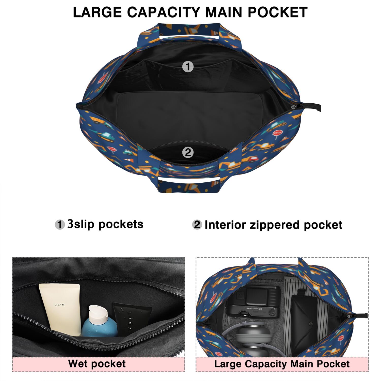 Cartoon Construction Vehicles Road Cones Travel Tote Bags for Women Carry On,Large Weekender Bags for Women Travel,Multi Functional Duffle Bag for Work,Shopping,Sports