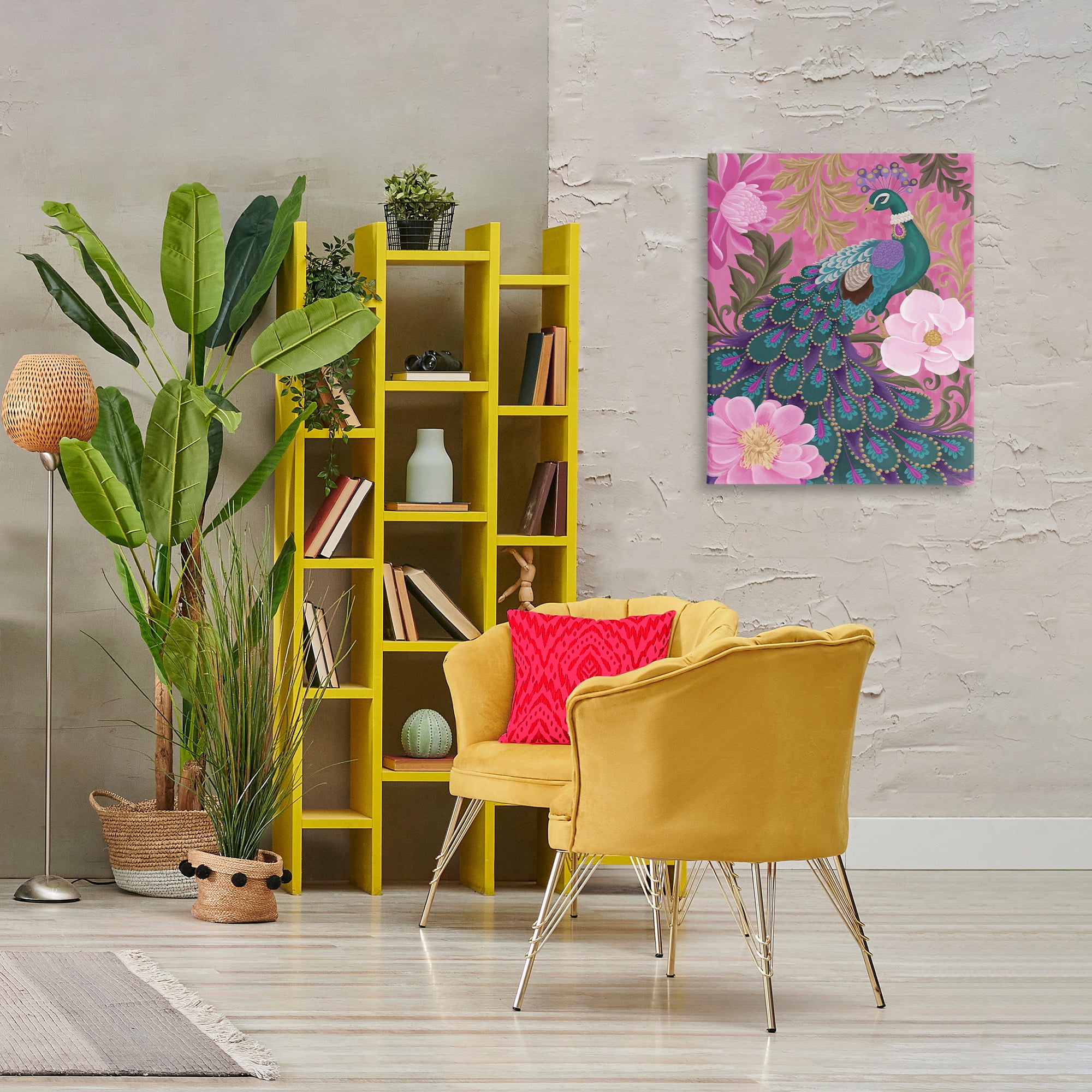 Stupell Industries Peacock & Pink Blossoms Animals & Insects Painting Gallery Wrapped Canvas Art Print Wall Art, 24 x 30